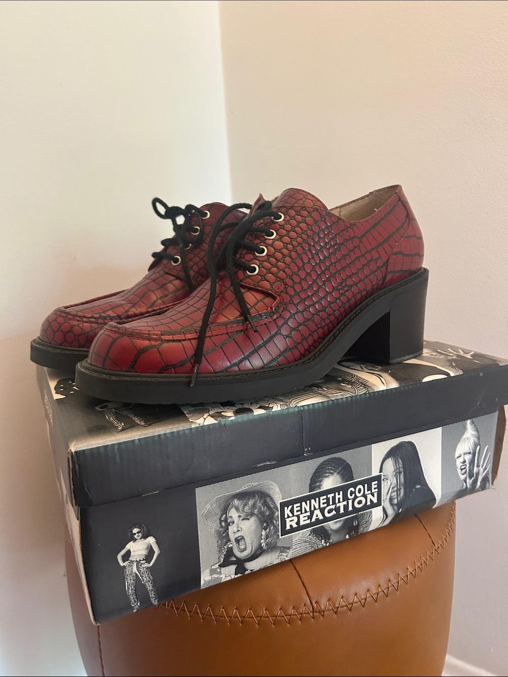 Kenneth Cole Reaction Red Croc-Embossed Lace-Up Chunky Oxfords